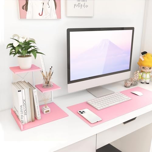 ELITEROO Desktop Shelf, Aesthetic Desk Organizer Table Top Mini Bookshelf, 3 Tier Wooden Desk Supplies Organizers and Storage Stand Cubicle Accessories for Women Office, Pink