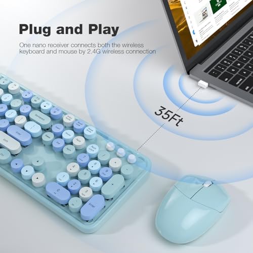 MOFII Wireless Keyboard and Mouse Combo, Retro Keyboard with Round Keycaps, 2.4GHz Dropout-Free Connection, Cute Wireless Mouse for PC/Laptop/Mac/Windows XP/7/8/10 (Blue-Colorful)