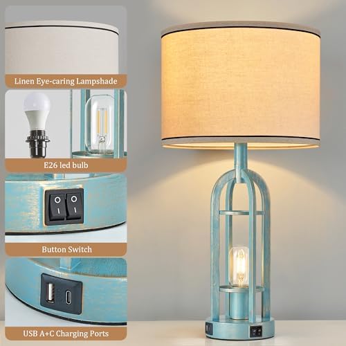 SRJJA 24" Farmhouse Table Lamps for Living Room Bedroom Set of 2, USB A+C