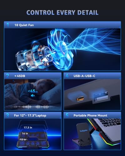 Laptop Cooling Pad with 10 Fans, Gaming Laptop Fan for 12-18.1 Inch, Laptop Cooler Stand with 7 Adjustable Heights, RGB Light & USB Type-C Notebook Cooling Pad