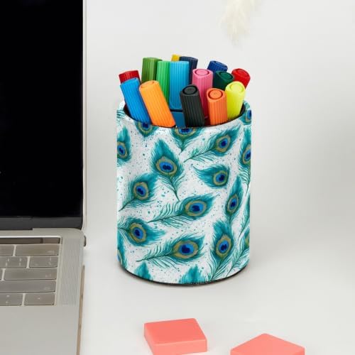 Leather Pen Holder for Desk, Peacock Feather Pencil Cup Pen Organizer Makeup Brush Holder for Office Home Kids Countertop Desk Accessory Storage