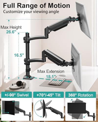 Dual Monitor Stand for 2 Screens up to 32 inch, Vertical Stacked Dual Monitor Mount, Full Motion Adjustable Tall Double Monitor Desk Mount, Each Arm Holds 4.4-22lbs, VESA 75/100mm, Black, Freelift