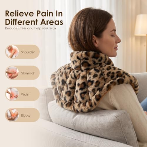 MORLIDEN Microwavable Heated Neck Wrap Warmer and Shoulder Weighted Heating Pad Microwave for Hot and Cold Compress - Leopard Print
