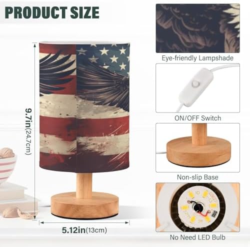 Bedside Lamp American Flag Eagle Table Lamp for Bedroom LED Nightstand Lamp Shade USB Ports Wood Base for Living Room Dorm Office