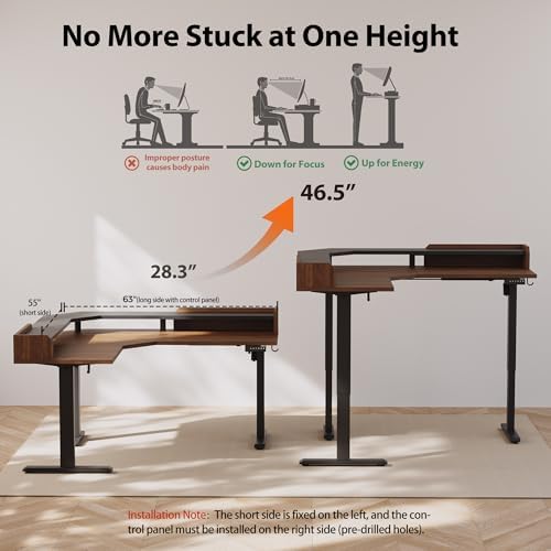 Agilestic 63 Inch L Shaped Electric Standing Desk with Shelf, Dark Walnut