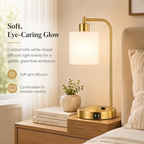 Set of 2 Industrial Touch Control Table Lamps with 2 USB Ports and AC Outlet - 3-Way Dimmable Gold Bedside Lamps Nightstand Desk Lamps for Bedroom Living Room, Opal Glass Shade & 2 LED Bulbs Included