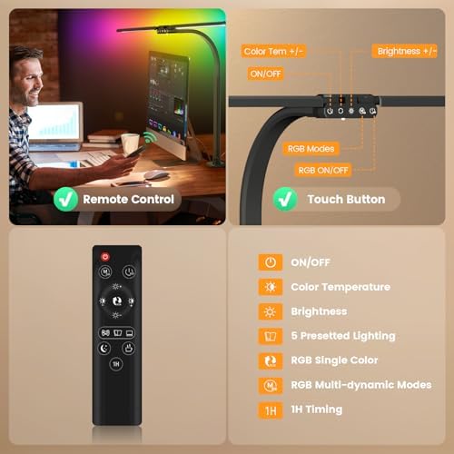 SIBRILLE Upgraded LED Desk Lamp for Home Office with RGB, Rotatable Computer Desk Light with Remote, Tall Table Lamp with Clamp for Working, Dimmable Dual Head Task Lighting for Monitor PC, 22W