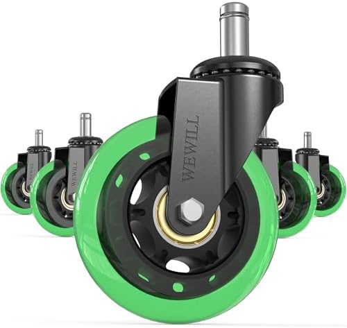 WEWILL Office Chair Wheels - Rubber Casters Replacement Universal Fit 98% Chair(Set of 5) Heavy Duty 3 Inch Smoothly & Quietly Safe for All Floor, Hardwood, Tile, Carpet, Noise Free - Green