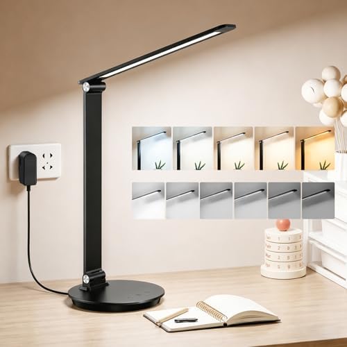 LED Desk Lamp with USB Charging Port, Touch Control, 6 Brightness Levels 6 Color Temperatures, Eye-Caring Desk Light with 1-Hour Timer, Adjustable Foldable Lamp for Home Office, Bedroom, Study