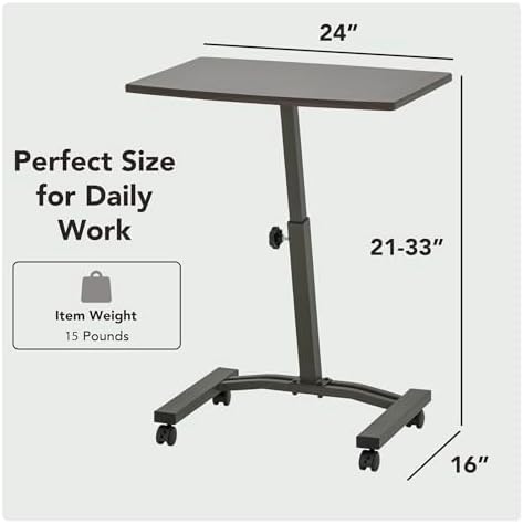Displays By Jack Adjustable Height Rolling Laptop Desk, Portable Sit Stand Computer Table on Wheels – 24 x 16 in Mobile Workstation for Home Office, Classroom, Study Room