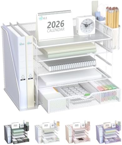 WALI Desk File Organizer, 5 Tier Desktop Paper Letter Tray Organizer with Drawer and 2 Pen Holders, Office Desk Accessories & Workspace Organizers for Office, Home Supplies(DO006DH-W), 1 Pack, White