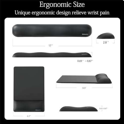 UnivoColors Design-Wave Set of Keyboad Wrist Rest & Mouce Pad,Artificial Sheepskin+Memory Foam+Ergonomic+Anti-Slip Gel, Resilience Support During Work and Gaming,Keyboard Accessory,Black