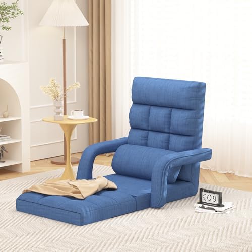 Floor Gaming Chair, 6 Adjustable Position Comfy Chair with Back Support, Ergonomic Chaise Lounge Chair, Meditation Chair with Armrest for Living Room, Bedroom, Blue