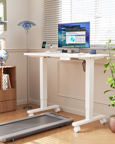 HUANUO Electric Small Standing Desk, Whole Piece Desktop, Adjustable Height Computer Desk, 4 Height Memory Settings, Sit Stand Up Desk for Home Office, 35" x 24", White
