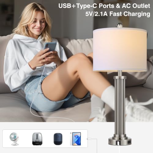 28" Tall Modern Table Lamps Set of 2 with USB C+A Ports and AC Outlet, 3 Way Touch Metal Bedside Lamps for Bedroom, Silver Nightstand Lamps for Living Room
