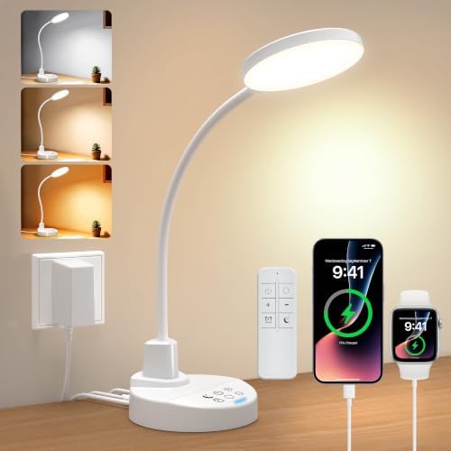 15W LED Desk Lamp with USB Charging Ports, [Button & Remote Control] Dimmable Table Lamp with 3 Color Modes, 5 Brightness Levels, 4 Timers, Flexible Reading Light for Home Office, Bedroom, Kids Study