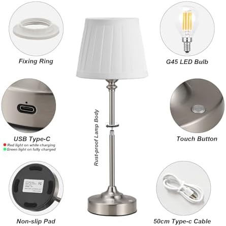 Kakanuo Cordless Table Lamp Rechargeable Silver - 1 Pack 4000mAH Battery Operated Lamp for Decor, 3000K Stepless Dimming Touch Control Wireless Lamp for Bedroom, Dining Table, Counter, Living Room