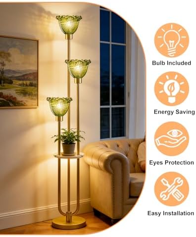 Lightdot Green Flower Glass Floor Lamp with Table Gold Floor Lamp 3-Light
