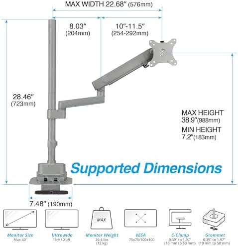 AVLT Single 40 Inch Monitor Arm Pole Top Mount with USB-C&A Ports - Gray