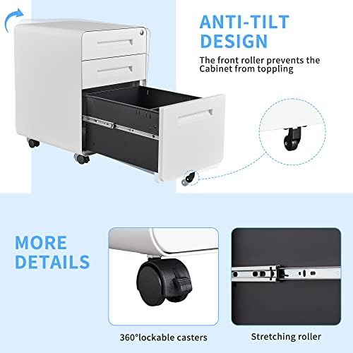 Letaya File Cabinet, 3 Drawer Filing Cabinets for Home Office with Lock Mobile Under Desk Fully Assembled Cabinet (White)