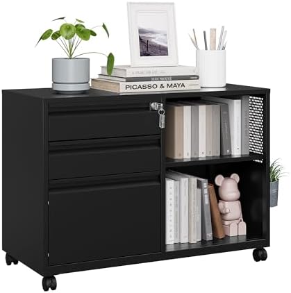 MIIIKO 3 Drawer File Cabinet with Lock, Metal Lateral Rolling Printer Stand Office Storage Filing Cabinets for Home Office,A4, Letter,File Folders(Black)