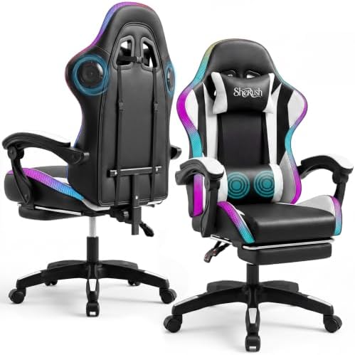 RGB Gaming Chair with Massage & Footrest, Built-in Speakers Chair