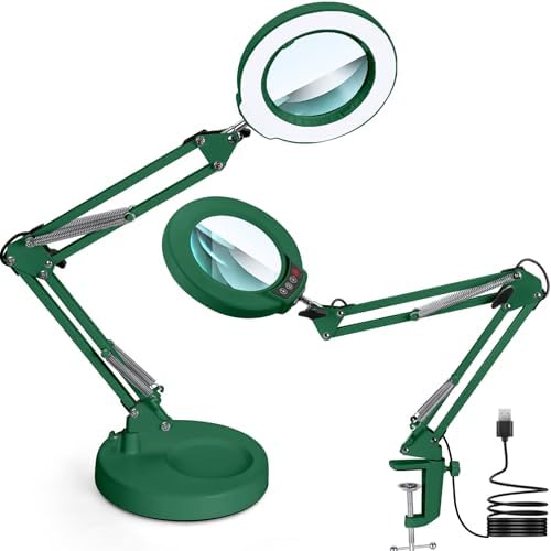 12X Magnifying Glass with Light and Stand, Upgrade Button 5 Color Modes Stepless Dimmable, 2-in-1 LED Lighted Magnifier Light, Hands Free Desk Lamp with Clamp for Craft Hobby Close Work - Green