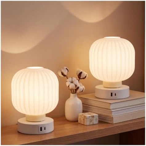 Elenhome Touch Bedside Glass Table Lamp Set of 2 with 3 Way Dimmable Light, Small Table Lamps with USB C+A Charging Ports - Bedroom Nightstand & Living Room Essential, Bulb Included