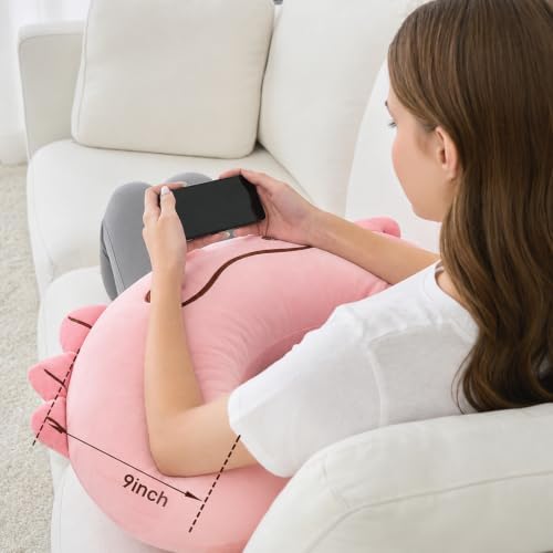 Cute Gaming Pillow for Lap - Plush Reading & Crocheting Pillow for Sitting in Bed, Soft Arm Support Cushion for Tablet/iPad, Kawaii Room Decor Gift Teen Girls & Pink Axolotl Lovers
