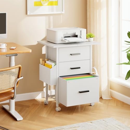 Mexin 3 Drawer File Cabinet with 22'' Extended Desktop, Mobile Filing Cabinet, Printer Stand, Rolling Printer Stand with Side Bag, Fabric Drawer, Fits A4 Size, Home Office, White