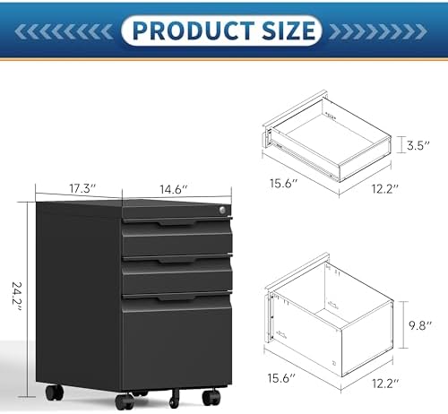 3 Drawer File Cabinet with Lock and Wheels,Rolling File Cabinets with Lock,Vertical Metal Filing Cabinet for Legal/Letter/A4 File-Black/Assembly Required