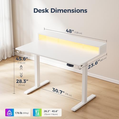 Klicelor Electric Standing Desk with Shelf, 48 Inch Height Adjustable Desk with Power Outlets & LED, Sit Stand Up Table with Monitor Stand, Computer Workstation for Home Office, White