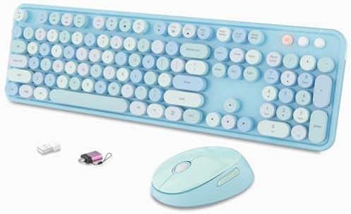 Wireless Keyboard and Mouse Combo, Ergonomic Full Size Typewriter Retro Round Keycaps Keyboard, Compatible with Windows, PC, Perfer for Home and Office Keyboards (Blue