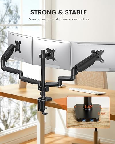 ErGear Triple Monitor Mount for 13-27 inch Screens, Triple Monitor Arms with USB,3-Monitor Stand Holds 17.6 lbs/Arm – Tilt, Swivel & Rotate