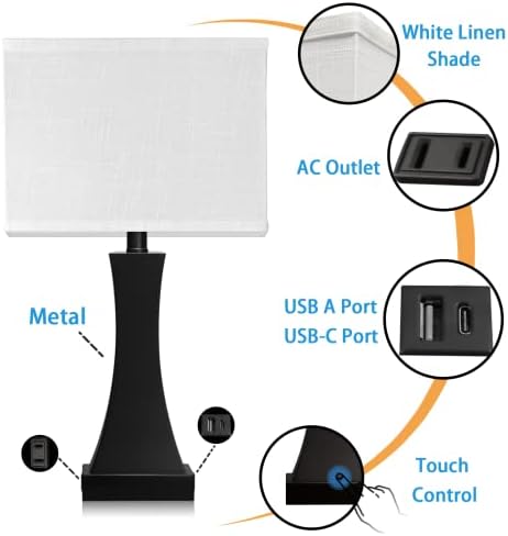 OYedis Table Lamp for Bedroom 3-Way Dimmable Touch Control Bedside Lamp with USB A+C Port & AC Outlet 21.6" Tall Nightstand Lamp for Living Room Office and Hotel Bulb Included