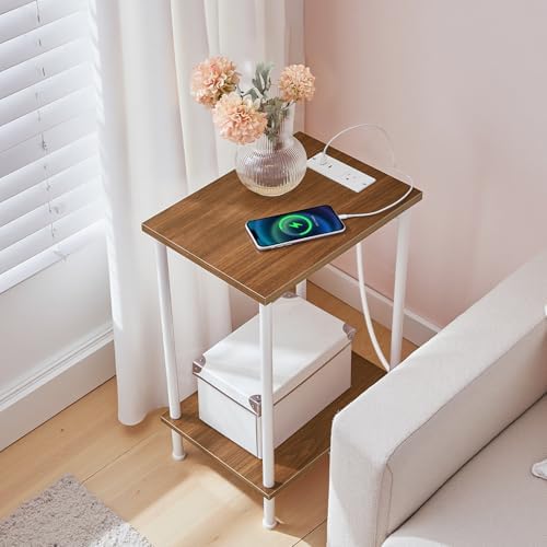 HOOBRO Side Table with Charging Station, End Table with USB Port and Outlets, Nightstand with 2-Layer Storage Shelves for Small Spaces, Living Room, Bedroom, Walnut and White WH09UBZ01