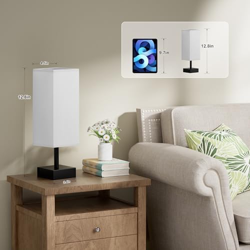 aooshine Small Bedside Table Lamp for Bedroom - Square Grey Fabric Shade
