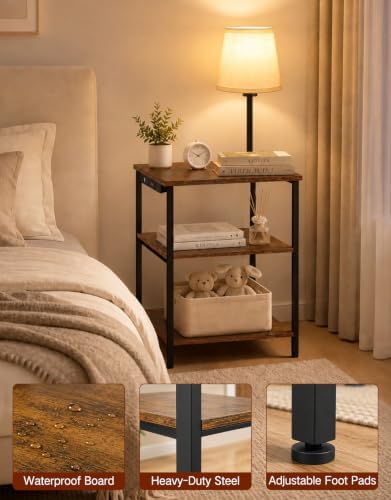 Side Table with Light & Charging Station, 3-Tier Narrow End Table