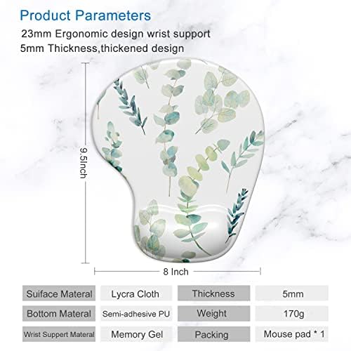 ITNRSIIET Ergonomic Mouse Pad with Gel Wrist Support Wrist Rest Smooth Surface Non-Slip PU Base Comfortable Office Supplies Pain Relief, 9.5 x 8 inches, Eucalyptus Branches