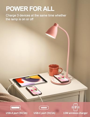 BOHON Cute Desk Lamp for Home Office with USB C+A Charging Port Timer Pink