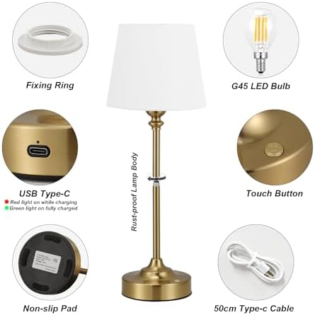 Kakanuo Cordless Table Lamps Rechargeable Set - 2 Pack Gold 4000mAH Battery Operated Lamps for Decor, 3000K Stepless Dimming Touch Wireless Lamp for Bedroom, Dining Table, Living Room, White Shade