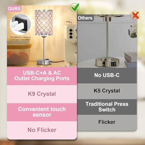 Hong-in Pink Bedside Lamps for Night Stands, Crystal Table Lamp for Bedroom