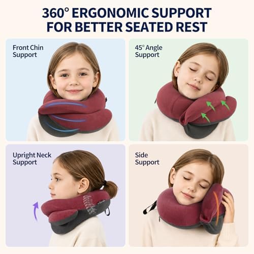 BUYUE Kids Travel Pillows for Airplane, Memory Foam 360° Head Support Sleeping Essentials for Long Flight, Skin-Friendly Soft Neck Pillow for Traveling in Car Seat, (Small, Red Grey, 40-90 lbs)