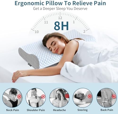 Cervical Pillow for Neck Pain Relief, Contour Memory Foam Pillows for Sleeping, Ergonomic Pillow Cooling Pillow Bed Pillow Neck Support for Side Back Stomach Sleepers (Blue & Grey)
