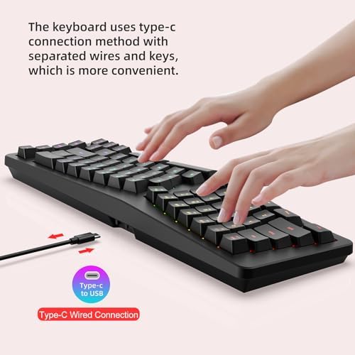 HXMJ-Wired Ergonomic Gaming Keyboard,Mechanical Feel,Detachable USB Cable,69 Keys,RGB Backlit-Black