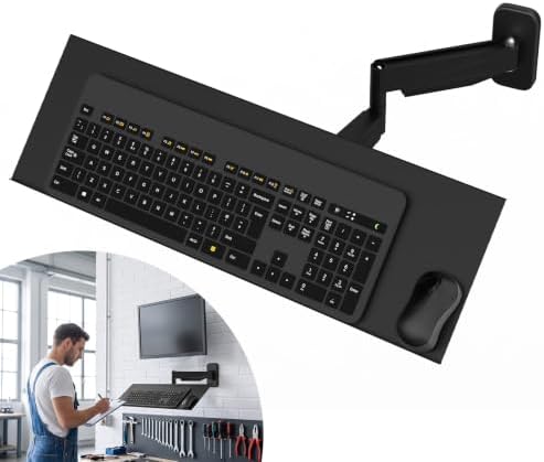 Wall-Mounted Keyboard Tray with Adjustable Spring Arm for Ergonomic Workstation, 23.6 inch Aluminum Platform, 180 Swivel 90 Tilt Capacity 22lbs, Space-Saving Desk Organizer 19.69"