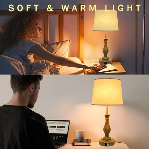 LALISU Farmhouse Table Lamp Touch Control 3-Way Dimmable Table Lamp, Modern Nightstand Lamp with 2 USB Port Bedside Desk Lamp with Fabric Shade for Living Room (Pack 1-Beige Shade & Touch)