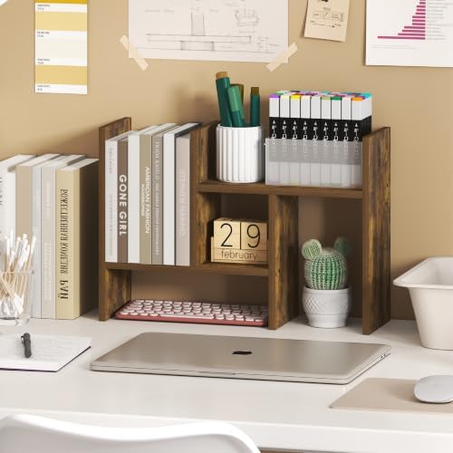 Furinno Classic Desk Organizer, Adjustable Desk Top Book Shelf, Amber Pine