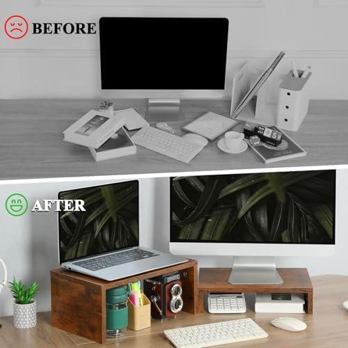 TEAMIX 2-Pack Monitor & Laptop Stand Riser, Wood High-Low Dual Monitor Set