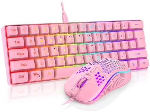 RedThunder 60% Gaming Keyboard and Mouse Combo, Ultra-Compact 61 Keys RGB Backlit Mini Keyboard, Lightweight 7200 DPI Honeycomb Optical Mouse, RGB Wired Gaming Set for PC MAC PS5 Xbox Gamer(Pink)